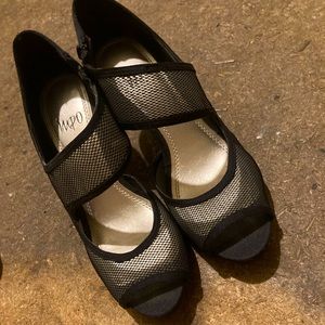 Impo black mesh open-toe heels